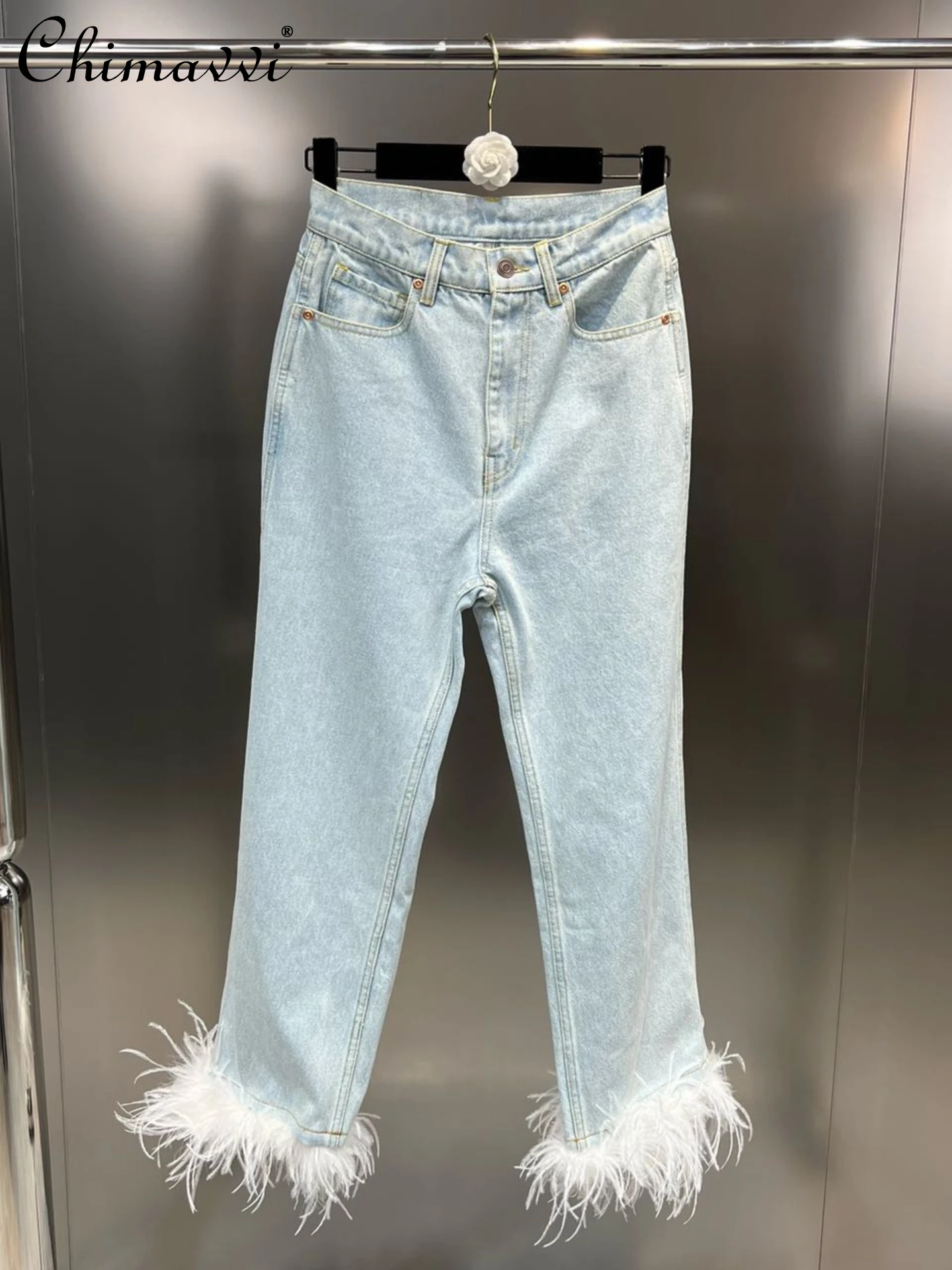 2022 Early Autumn New Women's Fashion Ostrich Feather Straight Slimming Denim Pants Ladies European Streetwear Ins Style Jeans