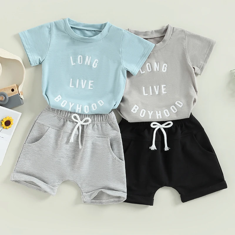 

Toddler Newborn Baby Boys Girls Clothes Short Sleeve Round Neck Letters Tops Drawstring Short Pants Casual Outfits 2Pcs Set 0-3Y
