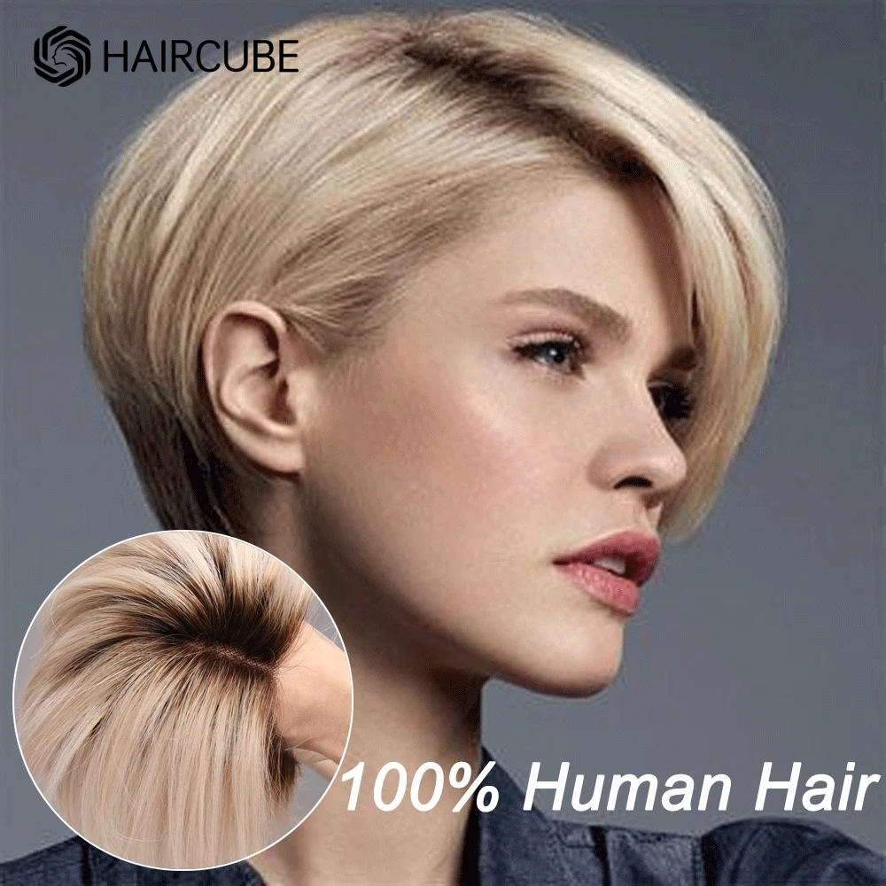 Short Blonde Human Hair Wigs for White Women Side Part Blunt Pixie Bob Wig Platinum Human Hair Lace Frontal Wig with Dark Root