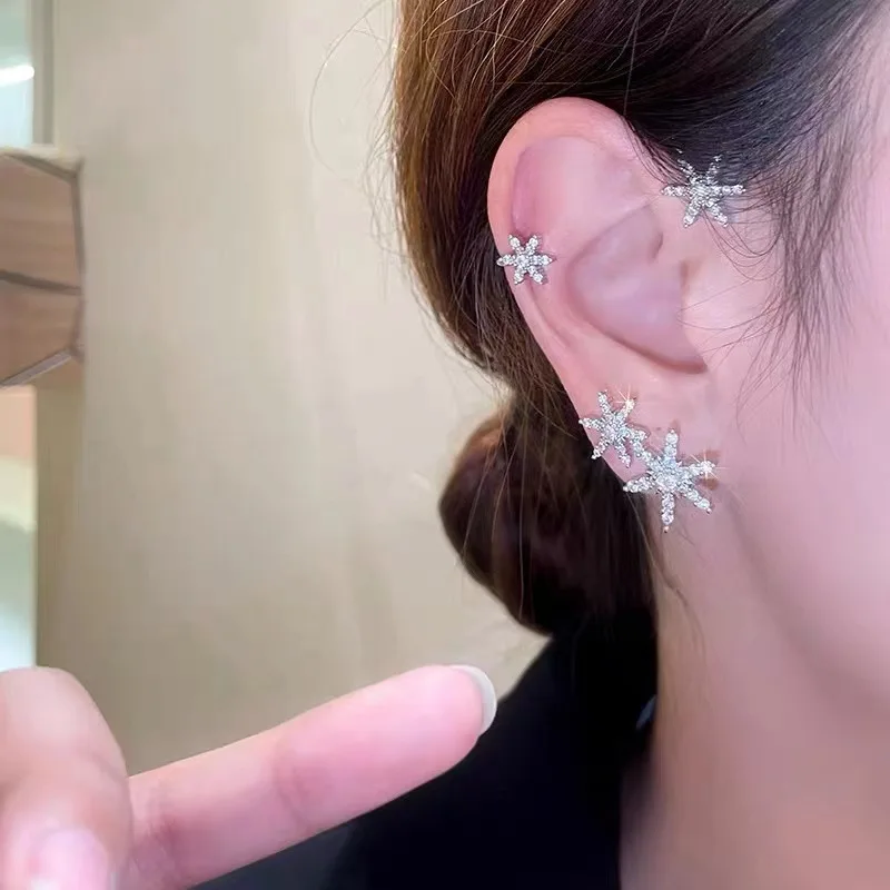

Snowflake Ear-Clip on Earrings for Women Fake Piercing Sparkling Zircon Butterfly Hooping Ear Cuff Pendientes Jewelry Cерьги