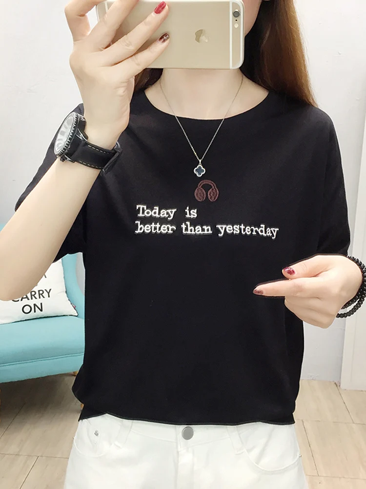 

GGRIGHT Black Casual T Shirt Short Sleeve Top Women Round Neck Letter Embroidery Cotton Tee Shirt Femme 2022 Womens Clothing