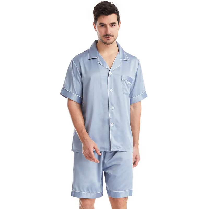 

Summer Men's Solid Color Short-sleeved Pyjama Pants Set Casual Satin Home Wear