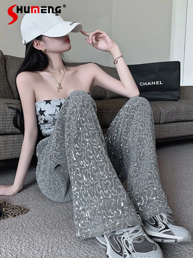 

Loose Silver Sequined Wide-Leg Pants for Women 2023 Early Autumn New Casual High Waist Drooping Shiny Straight Mopping Trousers