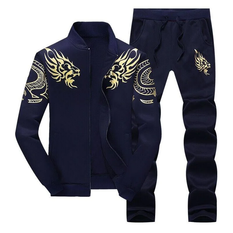 

2022 Mens Set Spring Autumn Man Sportswear 2 Piece Sets Dragon Print Sportsuit Jacket+Pant Sweatsuit Male Tracksuit Oversize