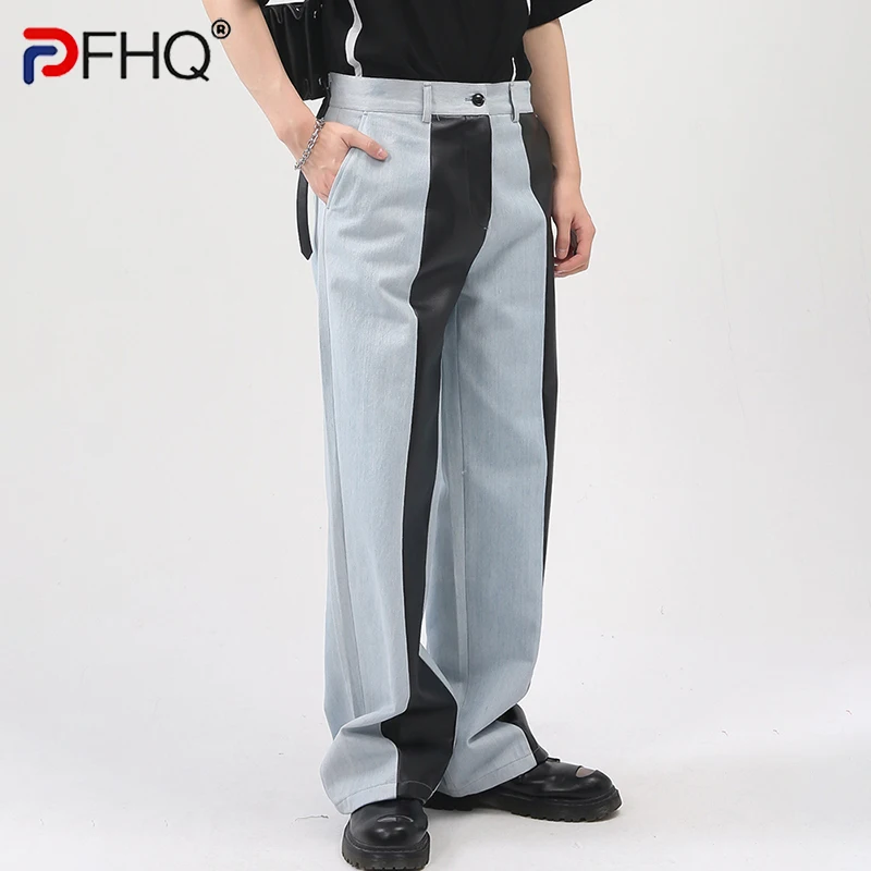

Мужские повседневные Прямые джинсы PFHQ 2023, корейские модные кожаные комбинированные Контрастные мужские модные дизайнерские брюки, Элегант...