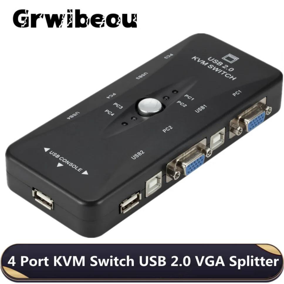 Четырехпортовый KVM-переключатель Grwibeou USB 2,0 VGA, сплиттер, принтер, мышь, флешка, коммутатор с выключателем 1920*1440 VGA, адаптер-переключатель