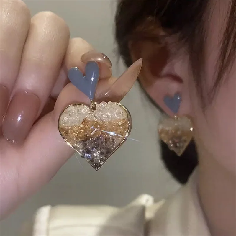 

Grey Oil Dripping Coffee Color Gradual Change Crystal Earrings Love High-end Fashion Heart Shaped Wild Ear Accessories Wholesale