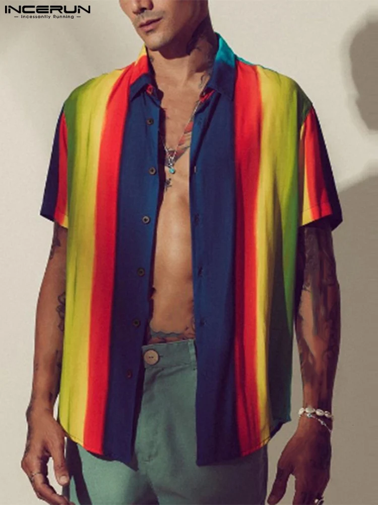 INCERUN 2022 New Men Striped Shirt Streetwear Turn Down Collar Short Sleeve Button Summer Casual Hawaiian Shirts Camisa Masculin