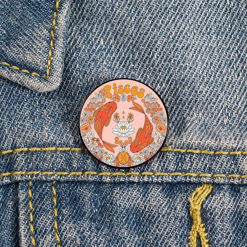 

Pisces retro florals zodiac Pin Custom Brooches Shirt Lapel teacher tote Bag backpacks Badge Cartoon gift pins for women