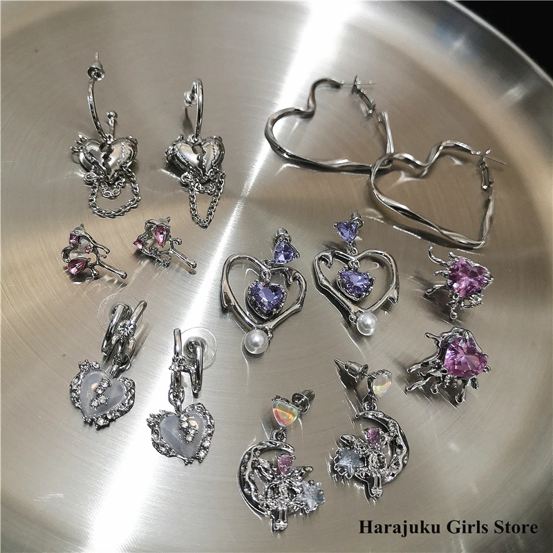 

New Goth Harajuku Vintage Peach Heart Fairy Angel Moon Pendant Earrings For Women Egirl Trendy Aesthetic Y2K Jewelry Accessories