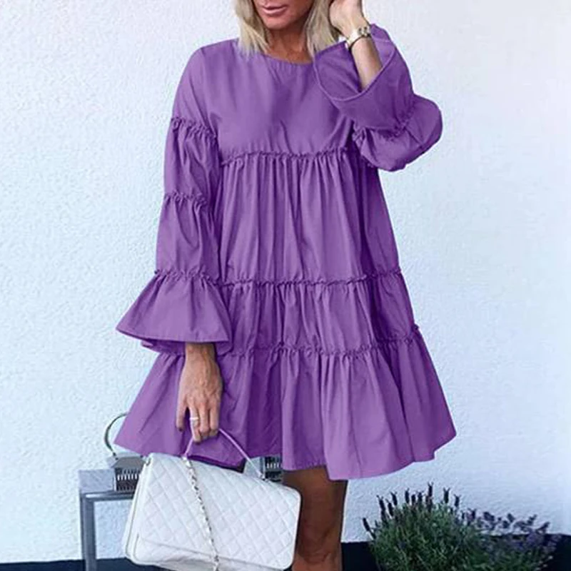 

Women Oversized Casual Ruffle Loose Mini Dress White Elegant Ladies A-Line Summer Dress Vestidos Lantern Long Sleeve Dresses
