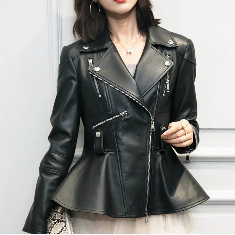 

Jacket Women's Zipper Moto Biker Spring Medium and Long Sheepskin Slim fit Coat Office Lady Ruffles Lapel Genuine Leather Jacket