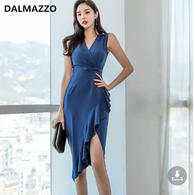 

DALMAZZO New Summer Korean Fashion Ruffles Over Knee Dress Women V Neck Sleeveless Slim Pack Hip Profession Vestidos Female