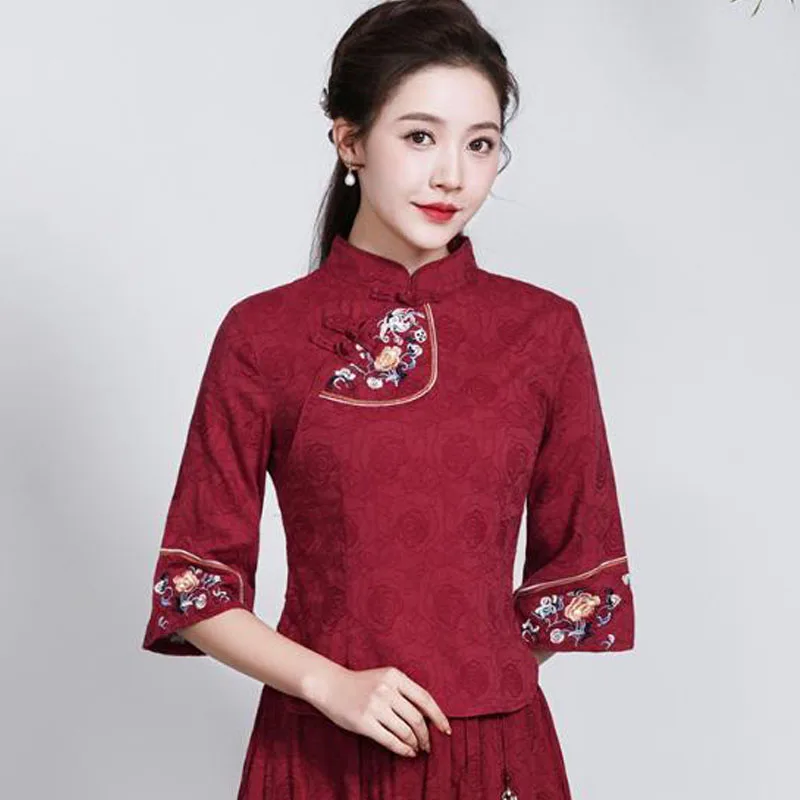 

Cheongsam Women's Plus Size Tang Costume Tops 2023 Spring Cotton Blend Fabric Embroidery Splice Retro Chinese Style Qipao Shirts