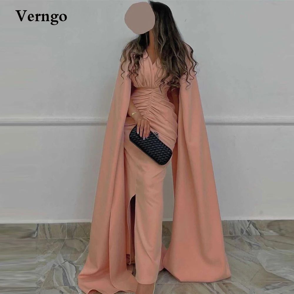 

Verngo Elegant Blush Pink Mermaid Evening Dresses Long Cape Sleeves V Neck Pleats Slit Saudi Arabic Women Formal Prom Gowns
