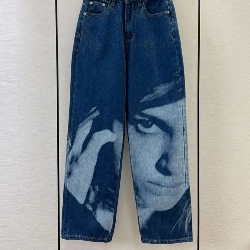 

Женские винтажные джинсы на молнии, синие свободные брюки из 100% хлопка с высокой талией и принтом, Повседневная подиумная одежда, 23 предмета