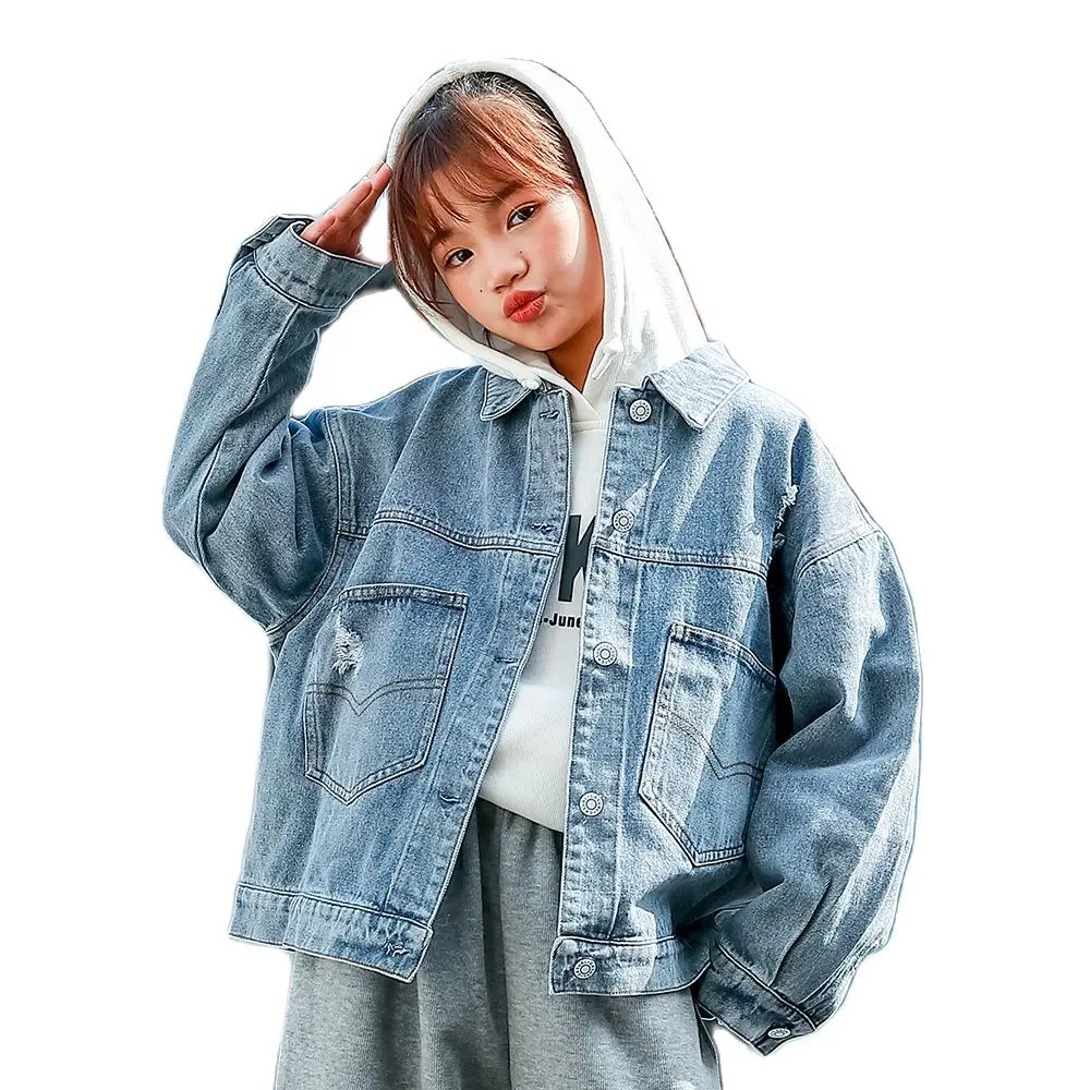 

Spring Autumn Teenage Girls Oversized Jean Coat Fashion Kids Ripped Denim Jackets Children Outerwear Cowboy Tops Teen Clothes 14