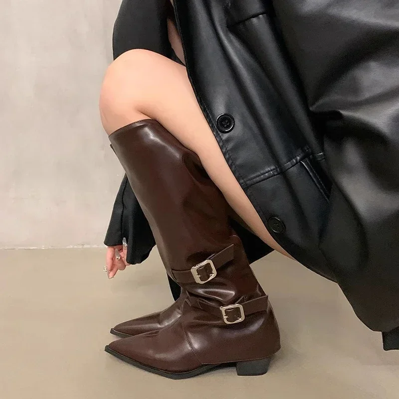 Женские ботинки челси с острым носком сапоги до колена на среднем каблуке зимняя