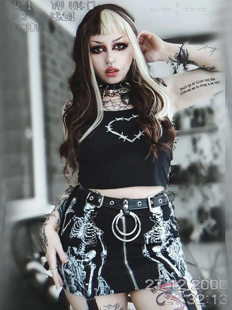 

Женская короткая юбка с принтом черепа, черная облегающая короткая юбка в готическом стиле, на молнии, летняя облегающая мини-юбка в уличном стиле