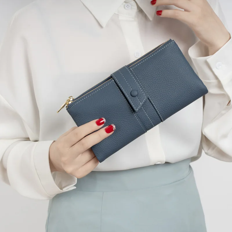 

New Purse Long Female Cowhide Leather Clip Double Zipper Mobile Phone Clutch Bag