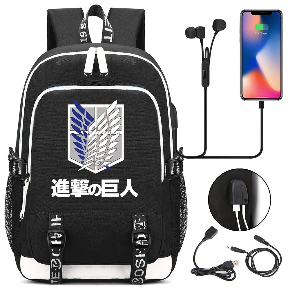 

Anime Attack on Titan USB Charging Backpack Canvas Print Knapsack Student Cartoon Schoolbag Teenager Packsack Travel Laptop Bag