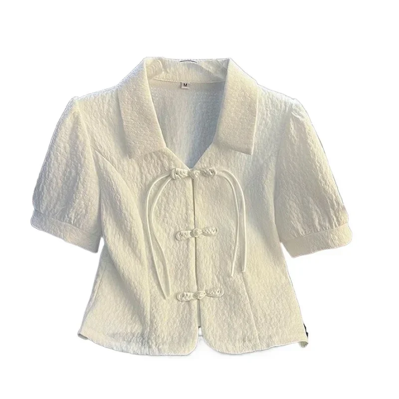 Petite Cropped Top Vintage Jacquard Short Sleeve Shirt Summer New Style Slimming Stylish Little Women's Button-Up