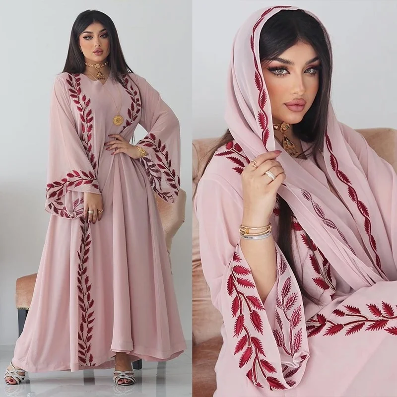 Muslim Abayat Middle East Fashion Chiffon Abayas for Women Embroidery Pink round-Collar Women's Dress with Headscarf