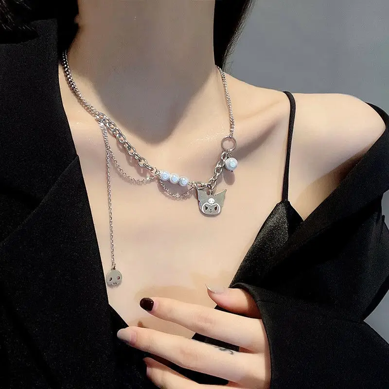 

Kawaii Sanrio Pearl Titanium Steel Colorfast Necklace Kuromi Cinnamoroll Cartoon Simple Jewelry Cute Anime Girls Student Gift
