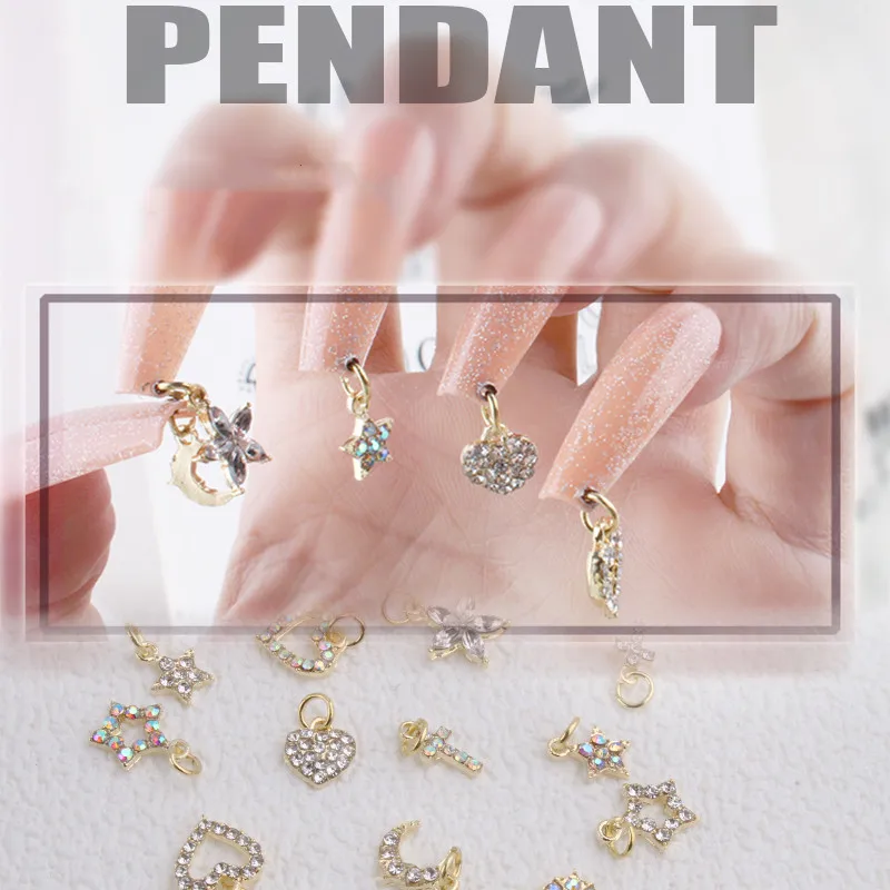 

10Pcs Rhinestones Dangle Golden Charms Nail Piercing，Star/Heart/ Moon/Christian Cross Jewelry，Manicure Hoop Pendant Decorations