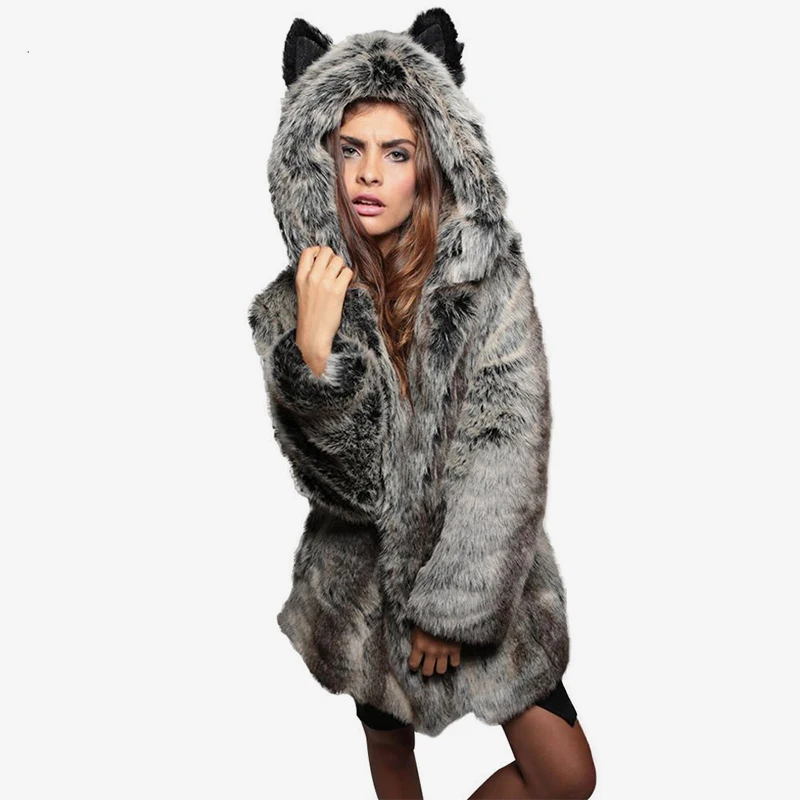 Faux fur padded hooded women's coat solid color fox fur long-sleeved cartoon ear warm women's hoodie winter/autumn women's coat