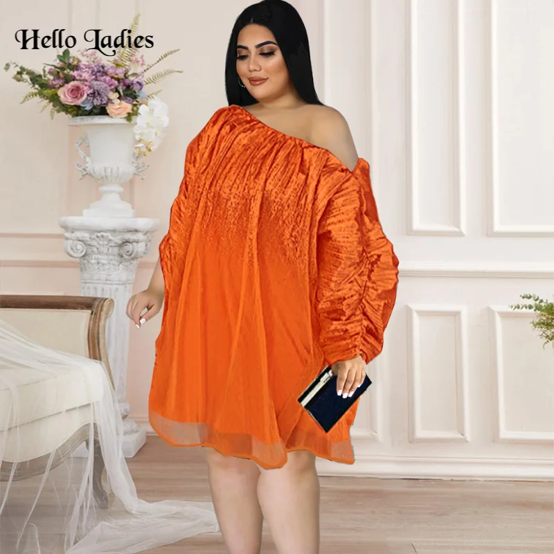 HL Plus Size Women Orange Off Shoulder See Through Sleeve Plus Size Party Dress Women Sexy Loose Fashion Oversize Clothes