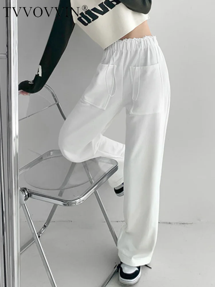 

TVVOVVIN High waist drawcord design straight wide leg pants women's autumn and winter pockets casual pants 2HGI
