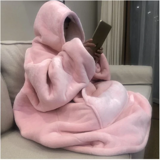 

HMSU Winter Outdoor Hooded Pocket Blankets Warm Soft Hoodie Slant Robe Bathrobe Sweatshirt Pullover Fleece Blanket With Sleeves