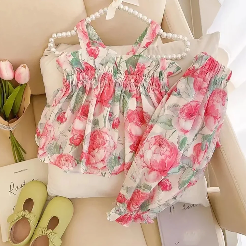 

Menoea/Летняя одежда для девочек спортивные костюмы с цветочным рисунком майка для девочек комплекты из топа и штанов детская одежда Повседне...