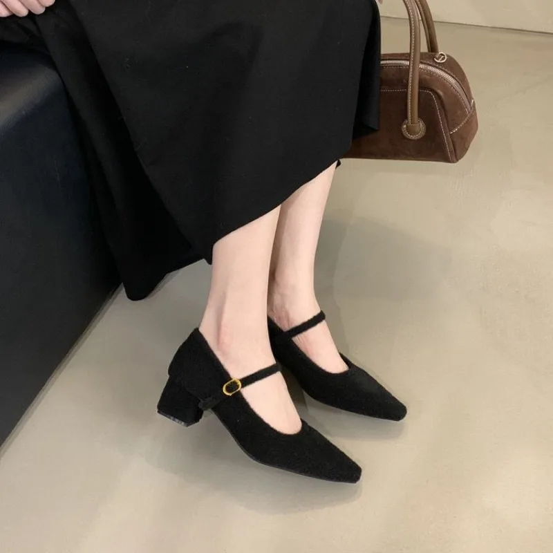 Женская обувь на среднем каблуке с острым носком замшевые ботильоны зима 2025