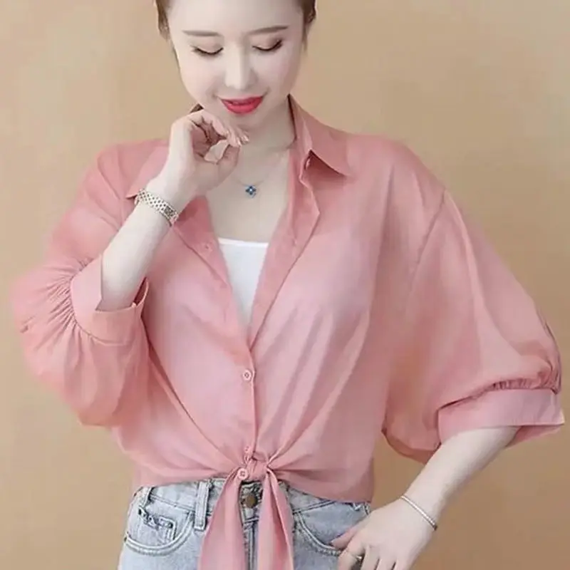 Fashion Lapel Button Solid Color All-match Bandage Shirt Women's Clothing 2023 Summer New Casual Tops Loose Office Lady Blouse