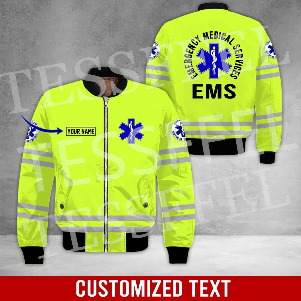 Custom Name Cosplay EMS EMT Medical Paramedic Nurse Worker Retro 3DPrint Harajuku Winter Windbreaker Warm Coat Bomber Jacket W