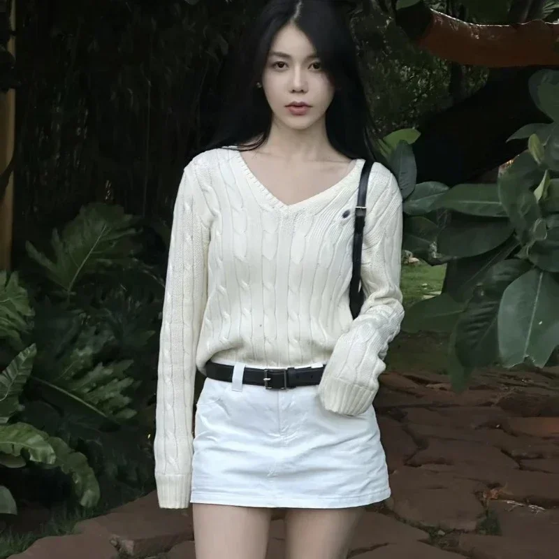 Вязаный топ повседневные короткие пуловеры женский свитер с v-образным вырезом