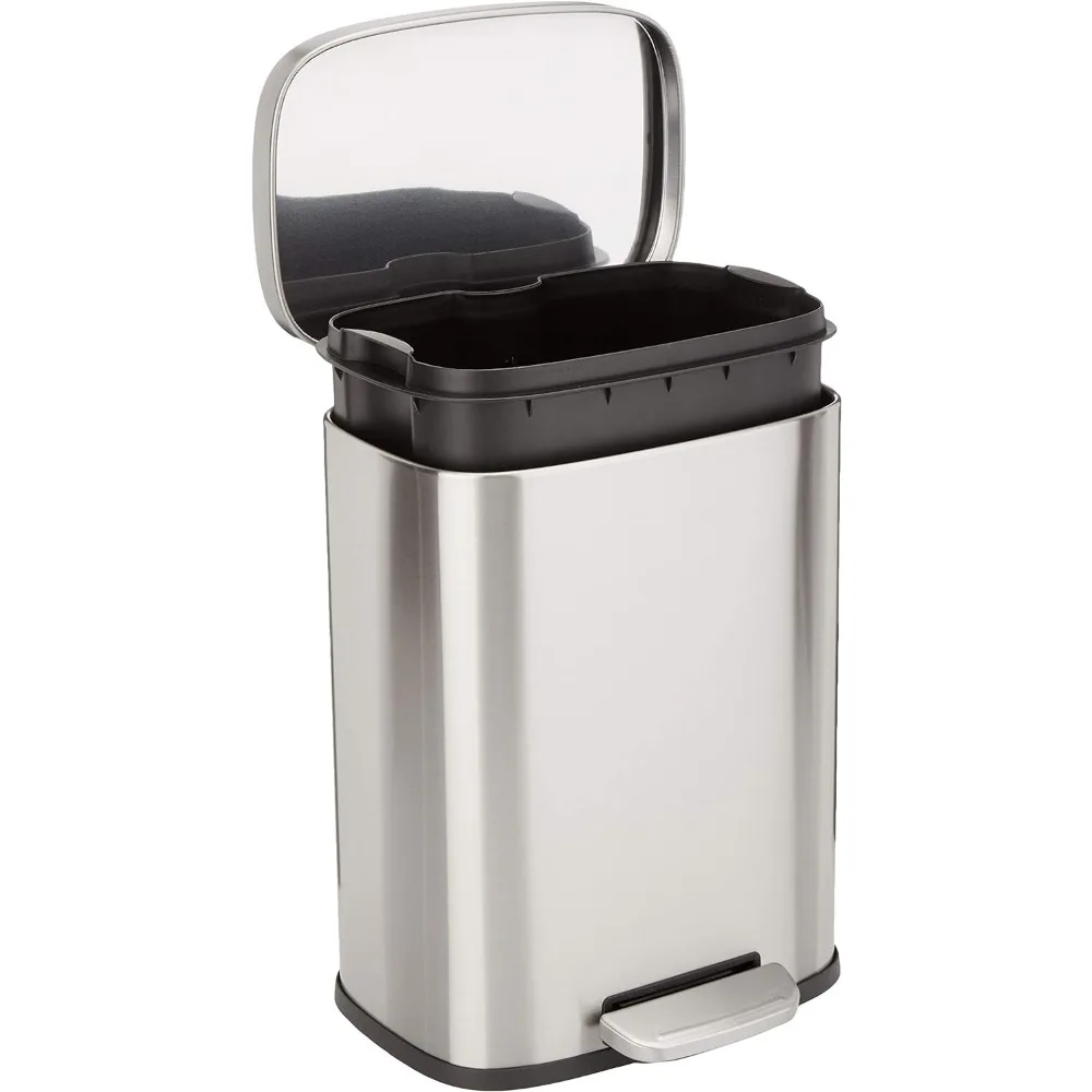 

Basics Smude Resistant Small Rectangular Trash Can With Soft-Close Foot Pedal, Brushed Stainless Steel, 12 Liter/3.1