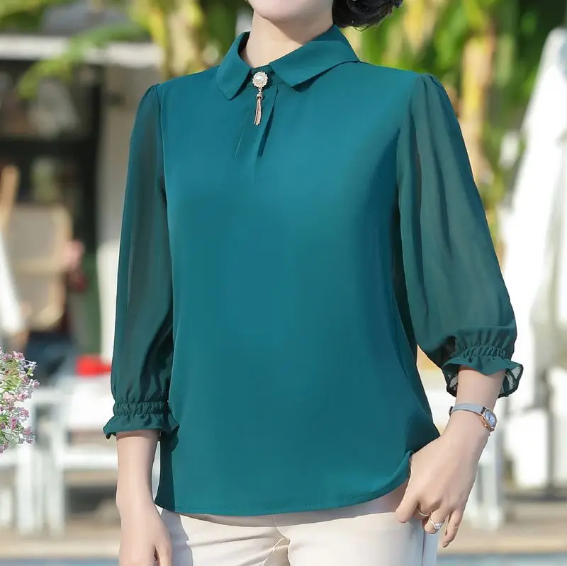 2022  Shirts Tops Korean Women Blouses Office Chiffon Shirts Elegant Lapel 3/4 sleeve Women Tops Blusas