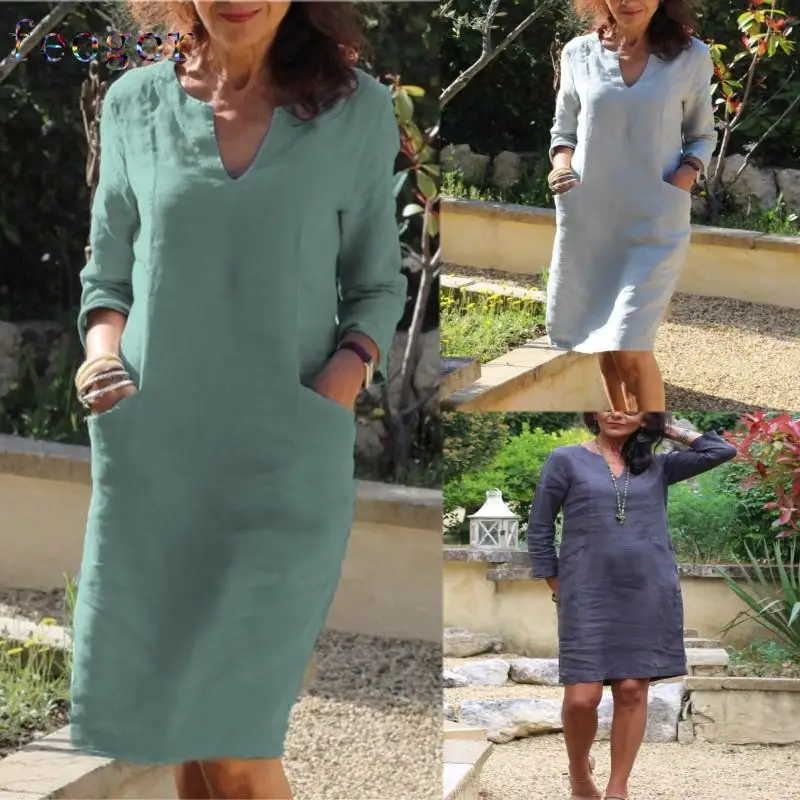 Женское платье с V-образным вырезом длинным рукавом и карманами