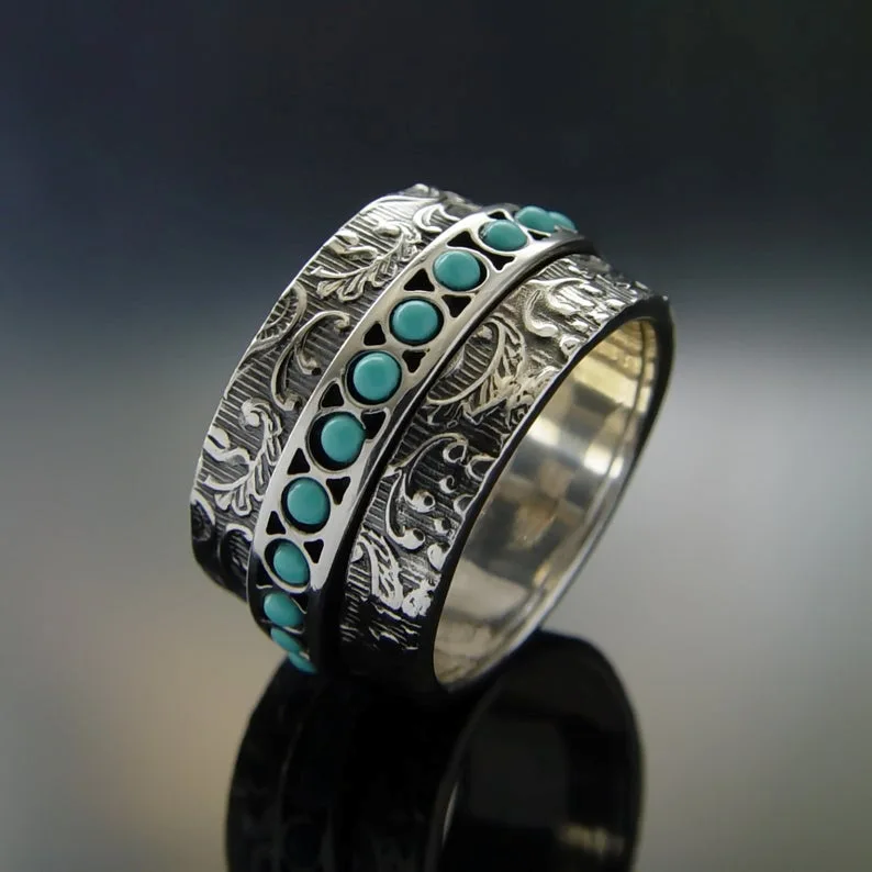 

Milangirl Embossed Vintage Geometric Flower Women's Ring Delicate Blue Turquoises Rings Anniversary Holiday Gift Banquet Jewelry