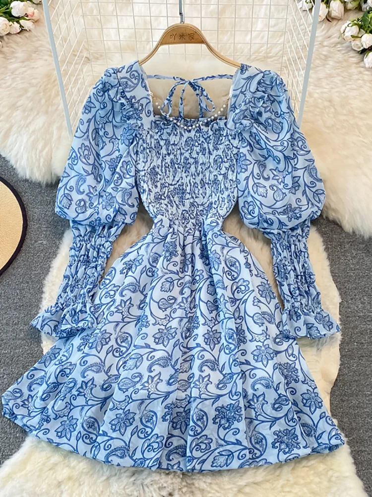 

Женское винтажное шифоновое мини-платье с принтом, зеленое/бежевое платье с квадратным вырезом, длинными рукавами-фонариками, высокой тали...