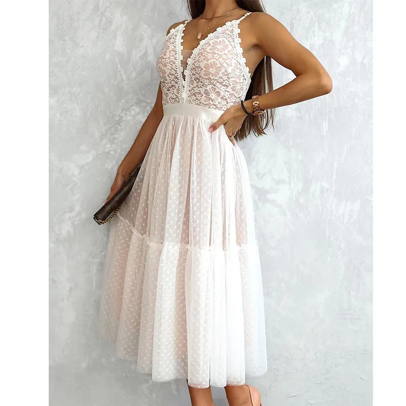 

2023 New Dress Temperament Sexy Deep V-Neck Waistband Solid Dress