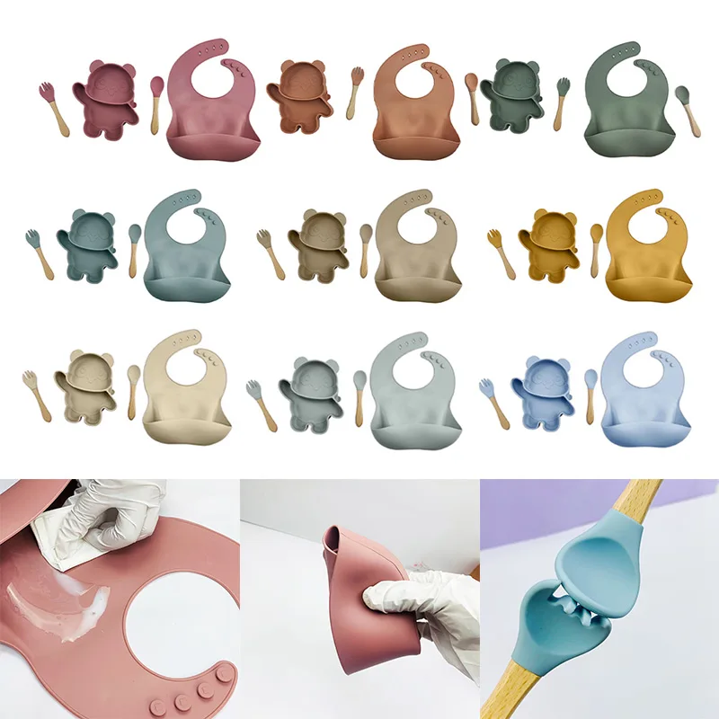 

4pcs Toddlers Tableware Set BPA Free Silicone Kids Learning Dinnerware Child Solid Feeding Dish Oilproof Children Dinner Plate