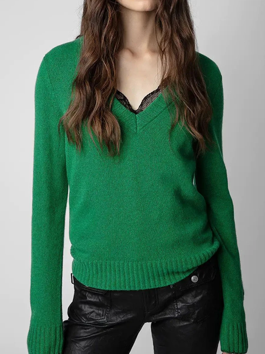 

Дизайнерские Роскошные кашемировые свитеры, весна-осень 2023, повседневный джемпер с длинным рукавом и V-образным вырезом, женский модный свитер, Классический пуловер