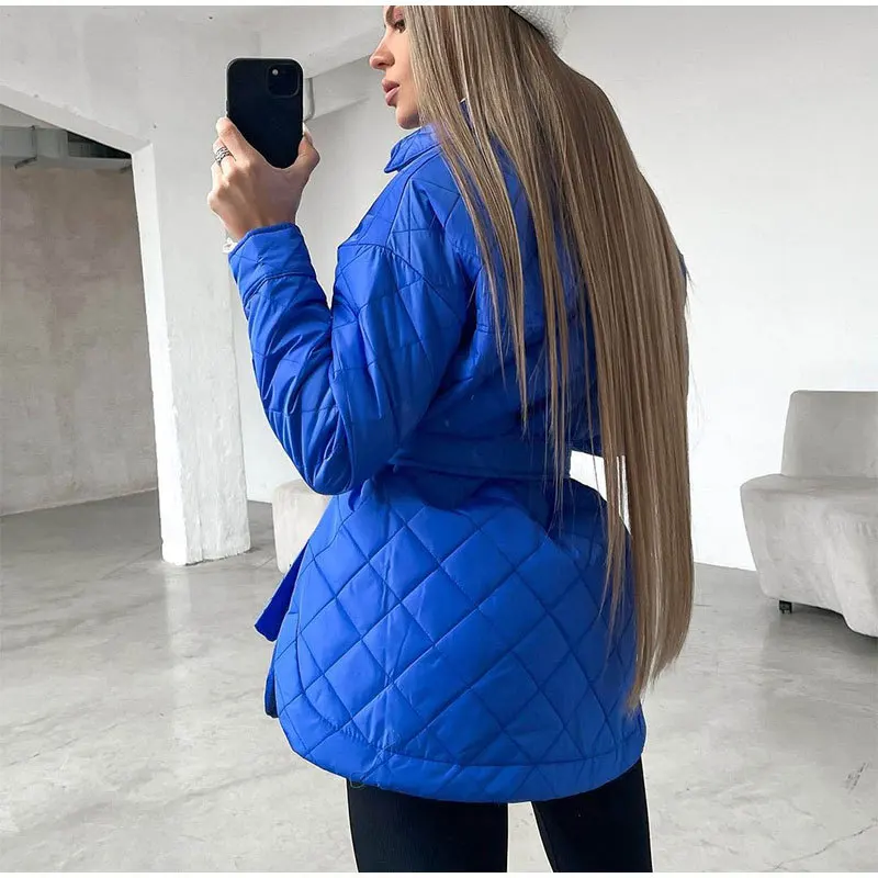 Blue Quilted Women Winter Jacket With Belt New Oversized Long Parkas Warm Loose Casual Padded Coat Retro 2022 Outwear Streetwear