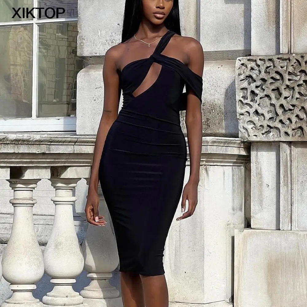 

Xiktop Sexy Slant Shoulkder Sleeveless Midi Dress Women Backless Slim Fit Robe 2023 Spring Fall Harajuku Fairy Grunge Clothes
