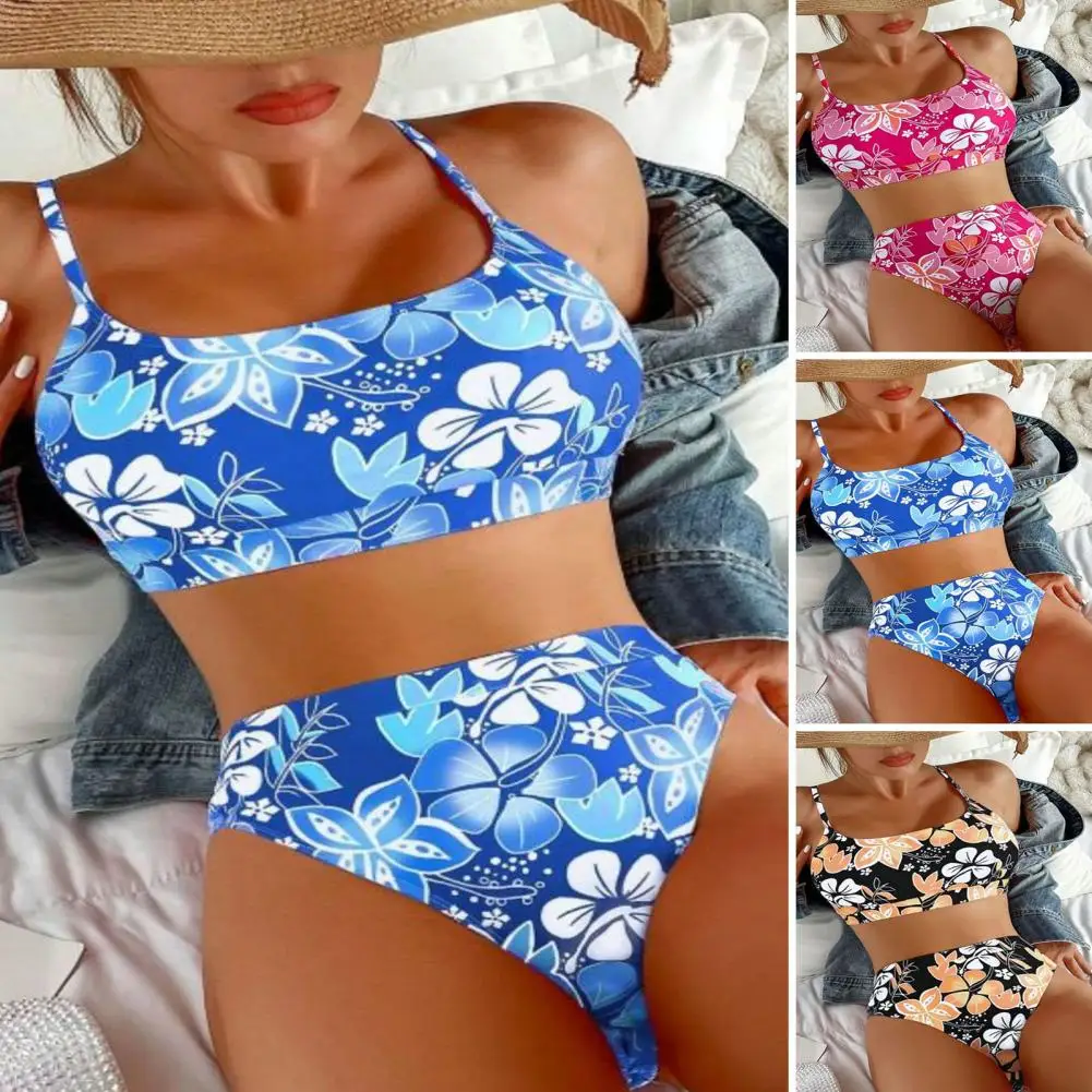 

Комплект женского бикини с цветочным принтом, Быстросохнущий комплект для плавания с завышенной талией, регулируемыми бретельками и цифровым принтом, для серфинга, 2 шт./комплект