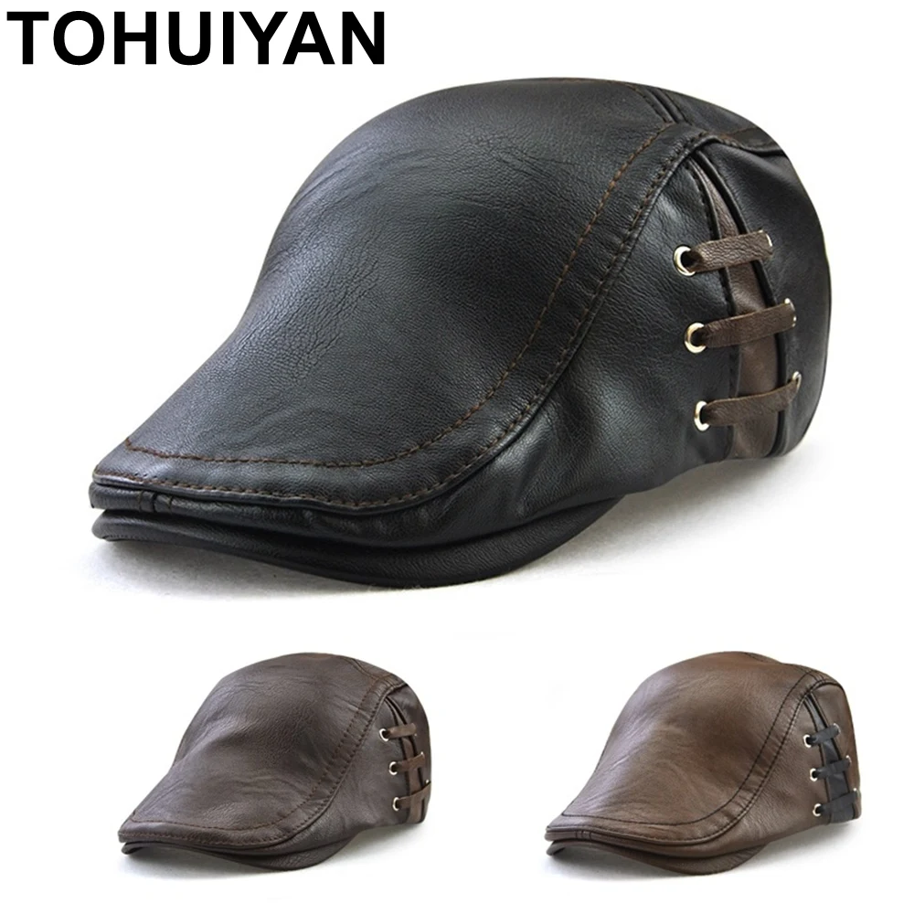 

TOHUIYAN Leather Newsboy Hat For Men Winter Warm Beret Cap British Gentleman Boina Gorras Planas Flat Caps Male Retro Gatsby Hat